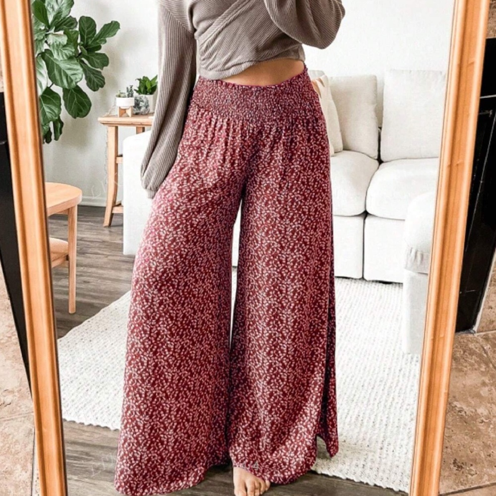 Plus Floral Print Stretchy Waist Wide leg Trouser Pants - Picture 3 of 6